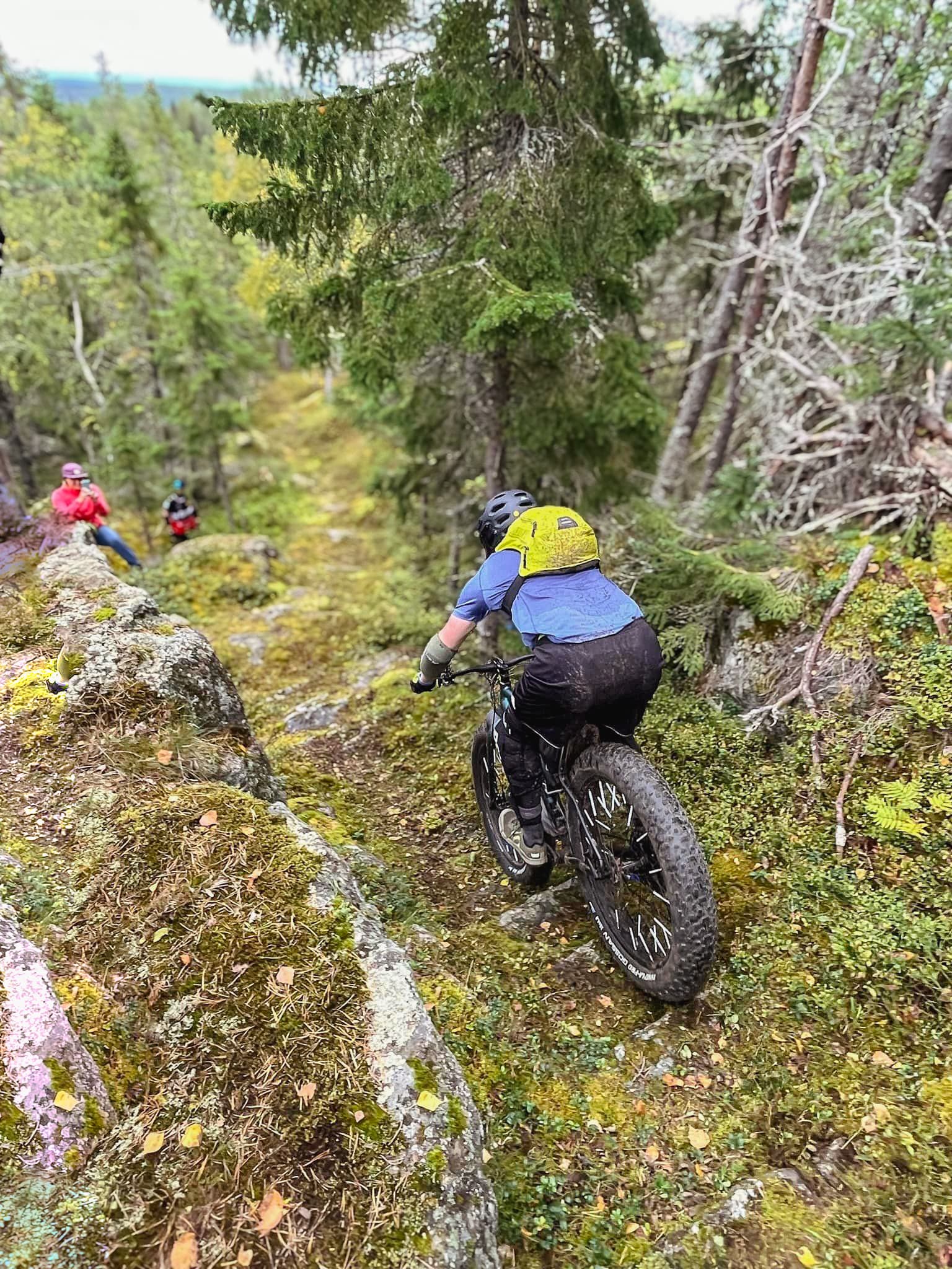 Cyklar nerför en stig i skogen